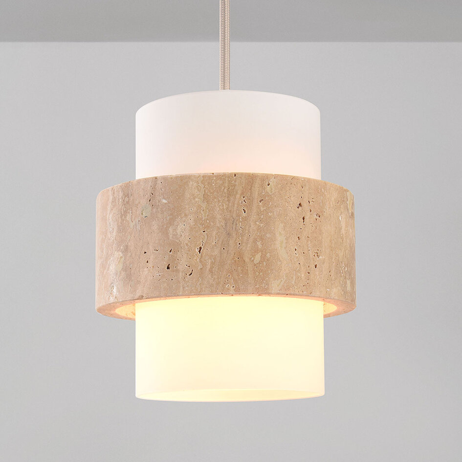 Hanglamp Yuki met travertin en melkwit glas - beige