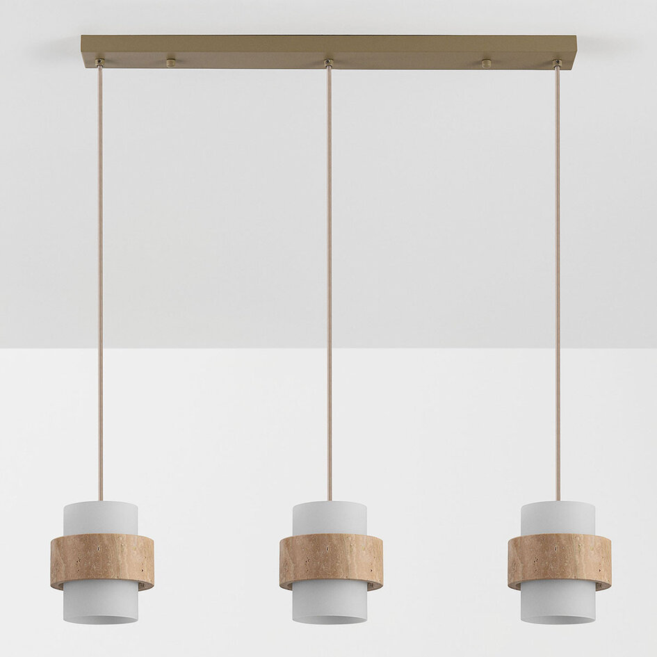 Hanglamp Flari met 3 kappen van travertin en melkwit glas - beige