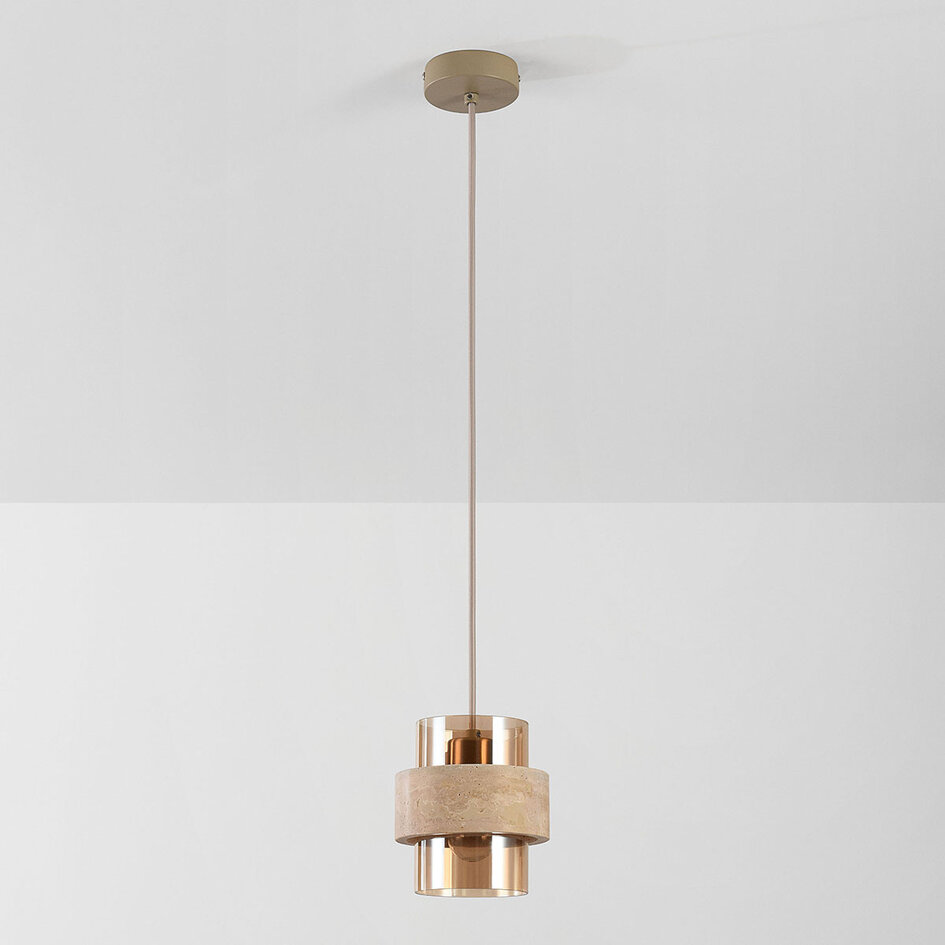 Hanglamp Yuki met travertin en amber glas - beige