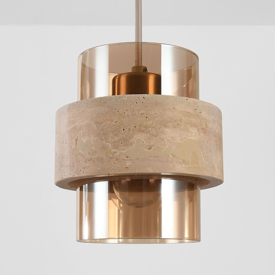 Hanglamp Yuki met travertin en amber glas - beige