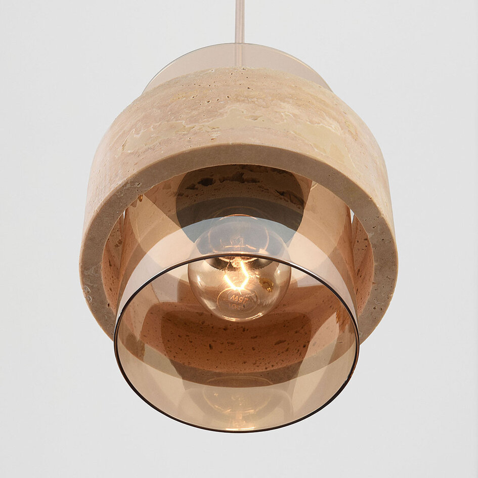 Hanglamp Yuki met travertin en amber glas - beige