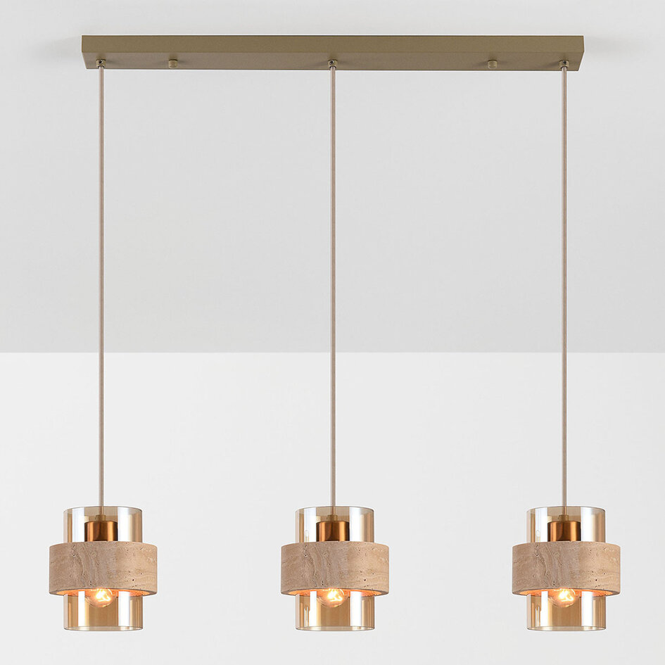 Hanglamp Flari met 3 kappen van travertin en amber glas - beige