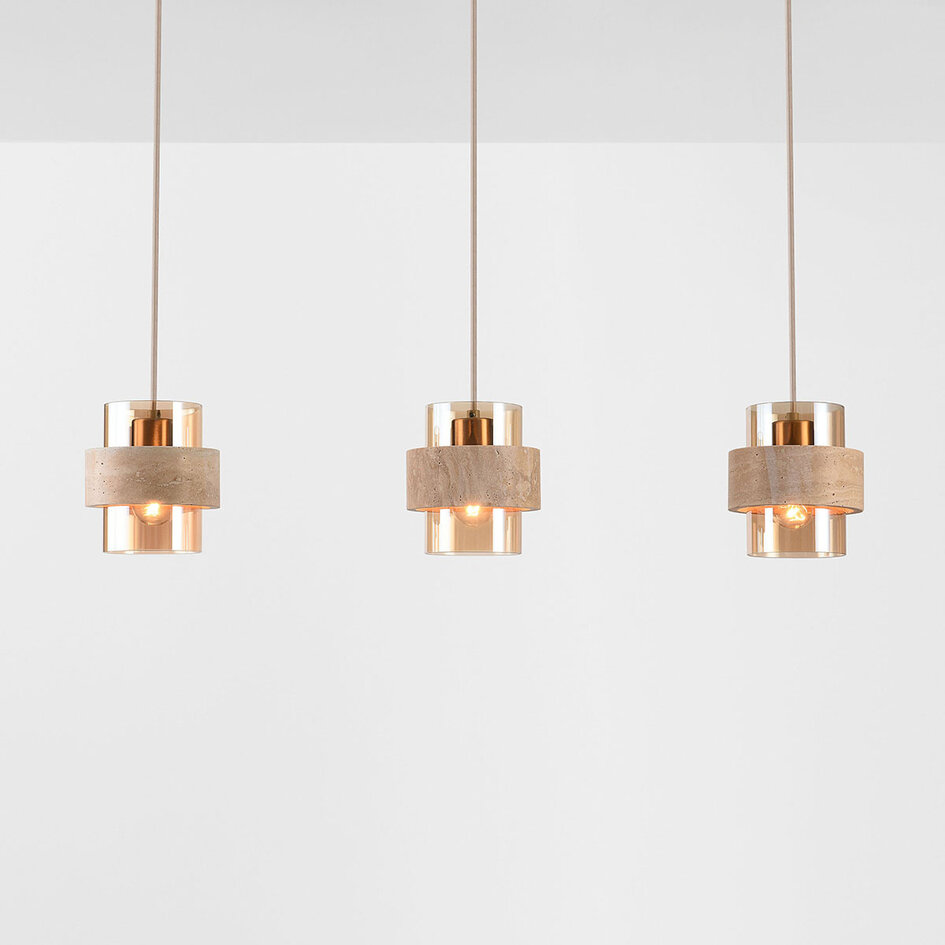 Hanglamp Flari met 3 kappen van travertin en amber glas - beige