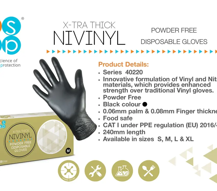 X-TRA Thick NiVinyl gloves Powder Free Black Medium 10 x100packs