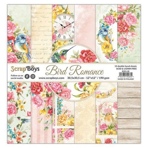 ScrapBoys ScrapBoys Bird Romance paperset 12 vl+cut out elements-DZ BIRO-08 190gr 30,5cmx30,5cm