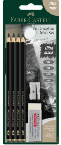 Faber Castell Pitt Graphite Matt Pencil Set 2B/6B/10B/14B+ Erazer+Sharpener (FC-115298)