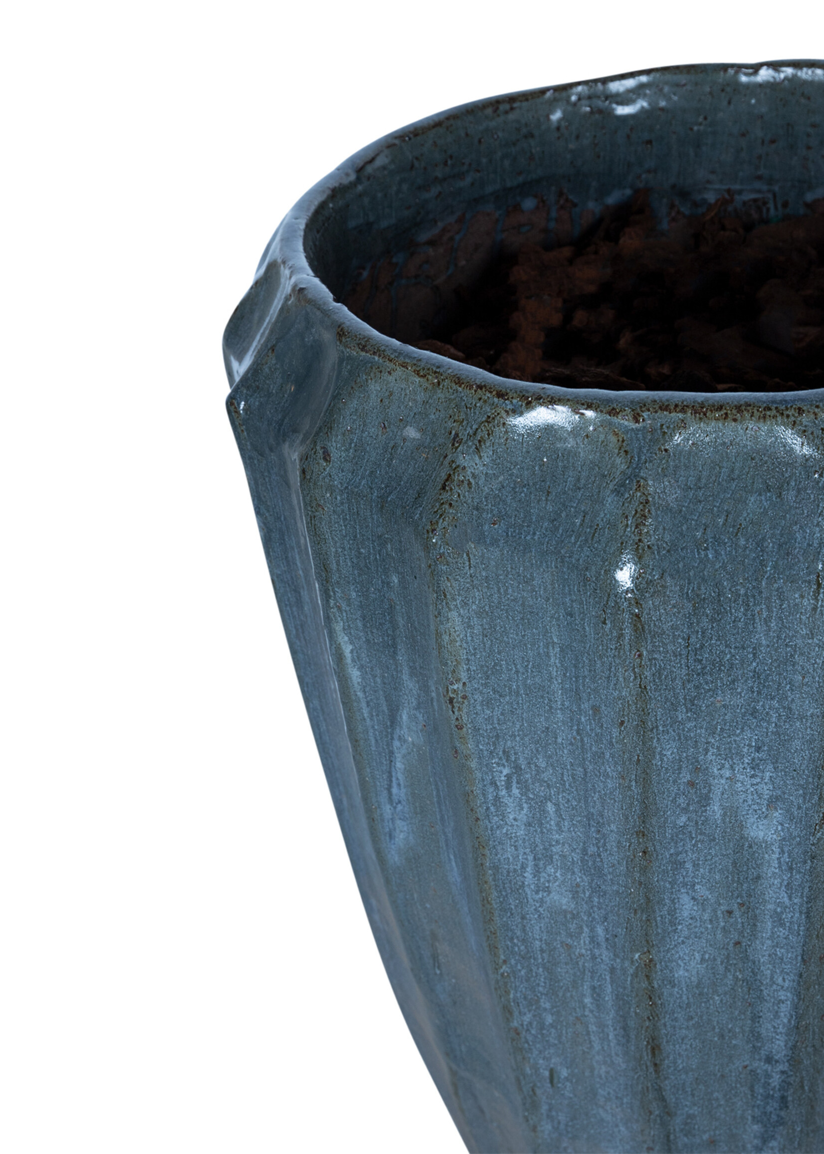 PTMD Olver Blue ceramic pot met ribbelstructuur