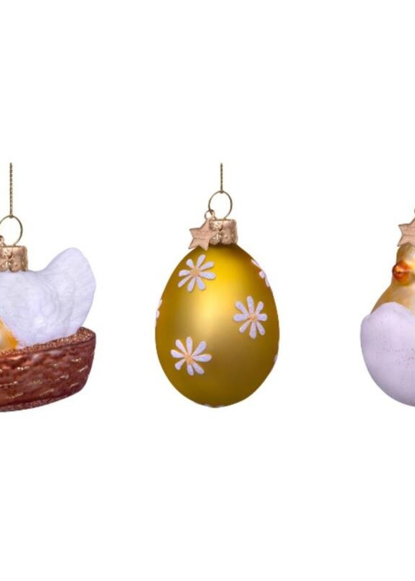 Vondels Pasen  ornament set , kip in een mand, ei & kip