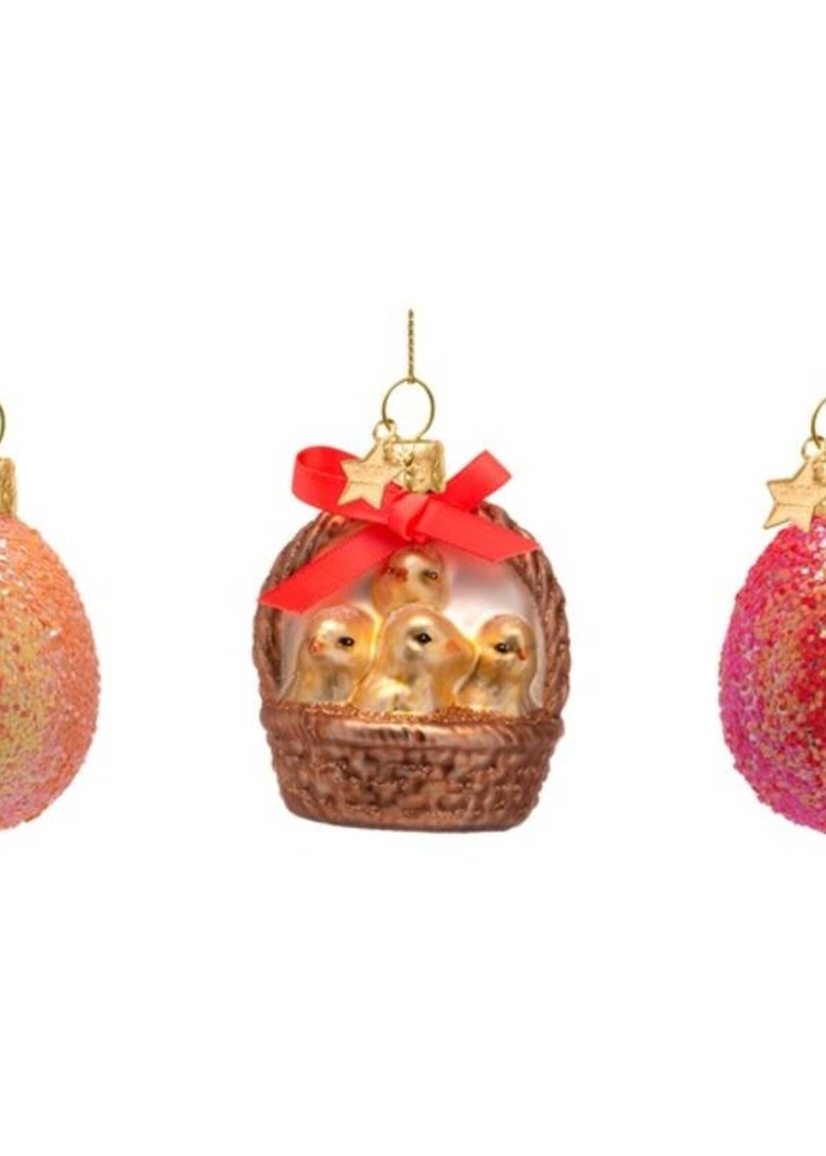 Vondels Pasen  ornament set,2 eieren en mandje met kuikentjes