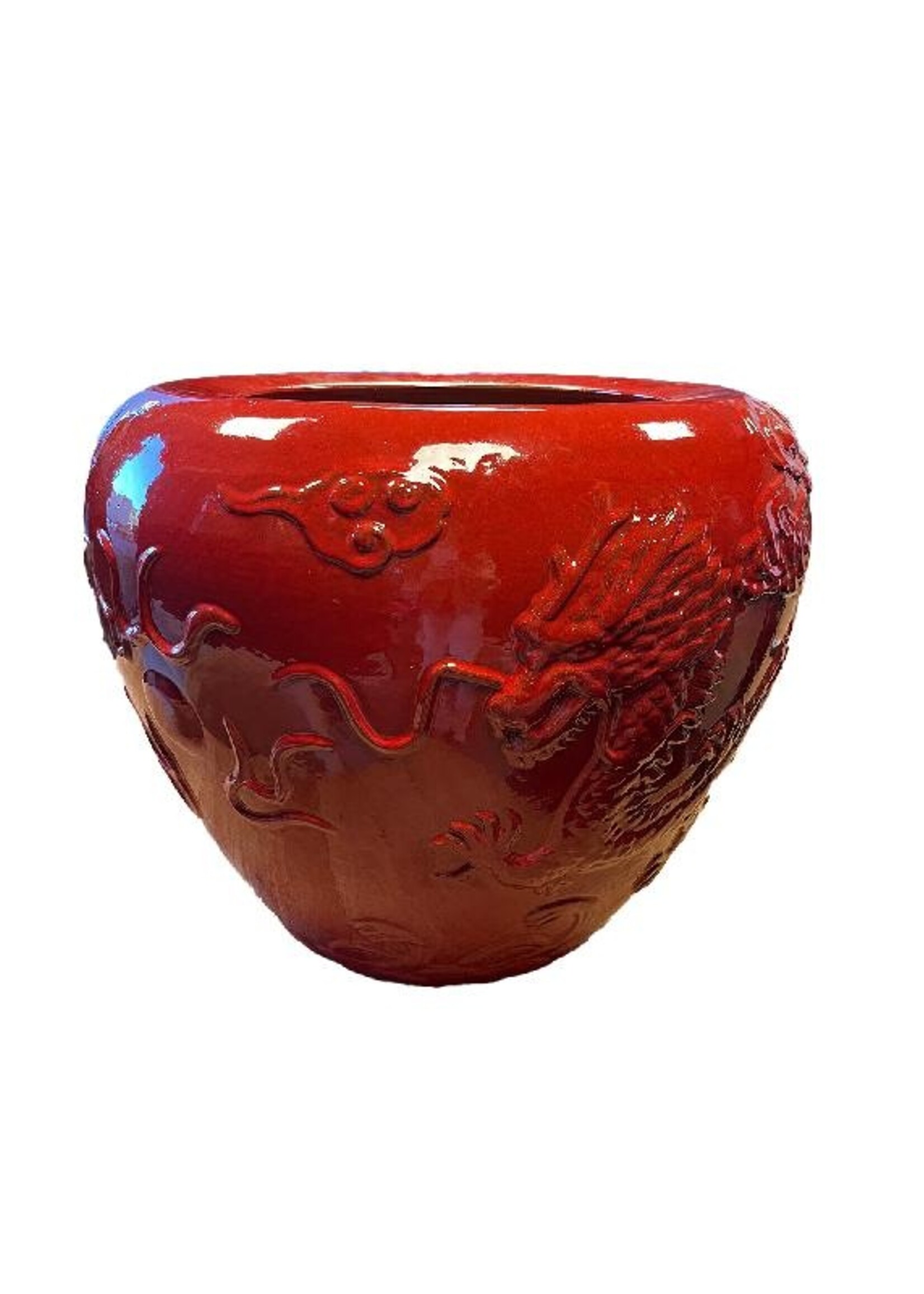 Rode geglazuurde ronde pot "Dragon"