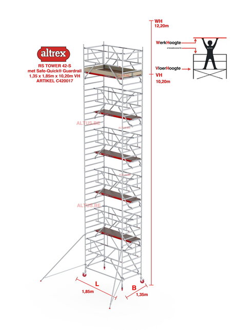 RS TOWER 42-S met Safe-Quick® Guardrail 1,35 x 1,85m x 10,20m VH= 12,20m WH