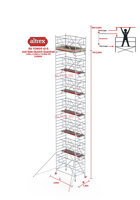RS TOWER 42-S met Safe-Quick® Guardrail 1,35 x 2,45m x 12,20m VH= 14,20m WH
