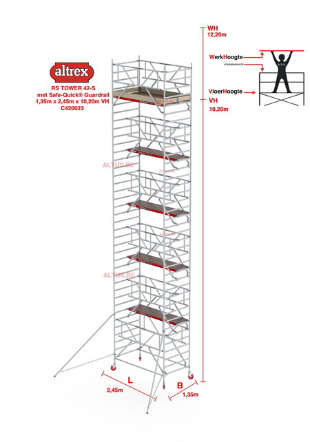 RS TOWER 42-S met Safe-Quick® Guardrail 1,35 x 2,45m x 10,20m VH= 12,20m WH