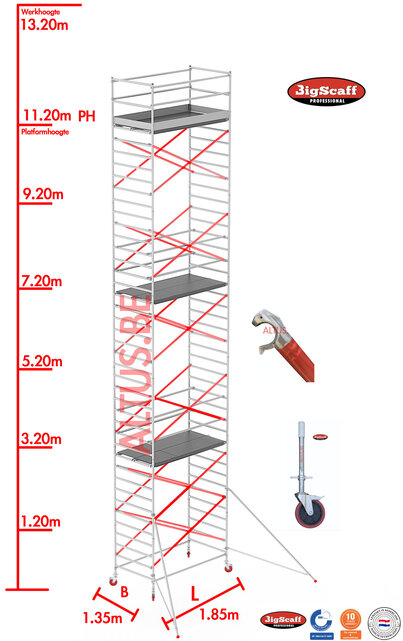 RS62 Prof. alu rolsteiger 1.35m x 1.85m x 11.20m Ph= 13.20m Wh