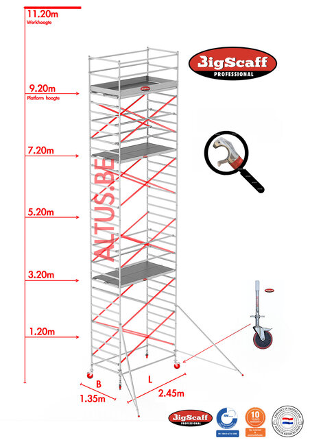 RS62 Prof. alu rolsteiger 1.35m x 2.45m x 9.20m Ph= 11.20m Wh