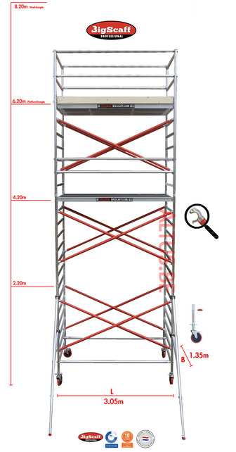 RS62 Prof. alu rolsteiger 1.35m x 3.05m x 6.20m Ph= 8.20m Wh
