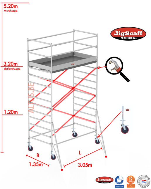RS62 Prof. alu rolsteiger 1.35m x 3.05m x 3.20m Ph= 5.20m Wh