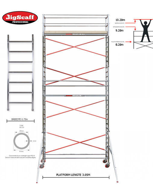 RS61 Prof. alu rolsteiger 0.75m x 3.05m x 8.20m Ph= 10.20m Wh