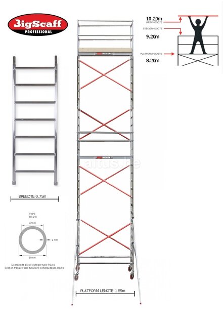 RS61 Prof. alu rolsteiger 0.75m x 1.85m x 7.20m Ph= 9.20m WH