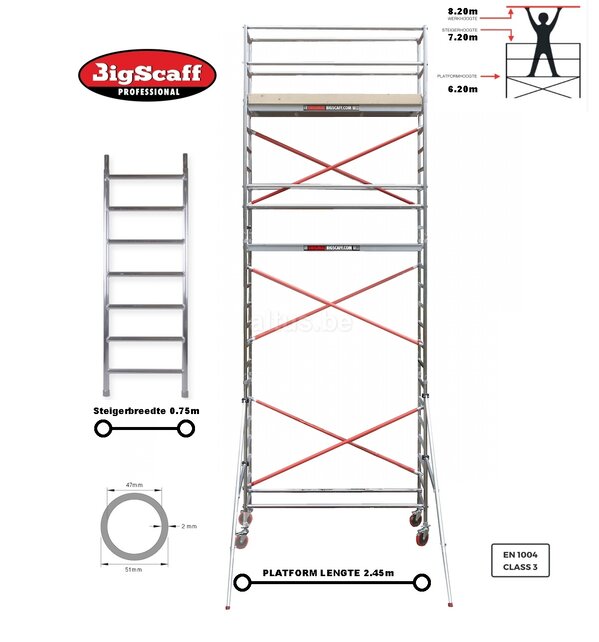 RS61 Prof. alu rolsteiger 0.75m x 2.45m x 6.20m Ph= 8.20m WH