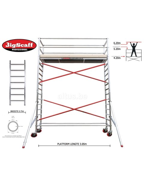 RS61 Prof. alu rolsteiger 0.75m x 3.05m x 3.20m Ph= 5.20m Wh
