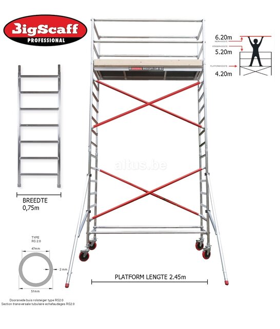RS61 Prof. alu rolsteiger 0.75m x 2.45m x 3.20m Ph= 5.20m WH