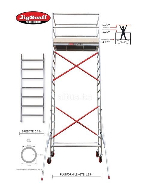 RS61 Prof. alu rolsteiger 0.75m x 1.85m x 3.20m Ph= 5.20m WH