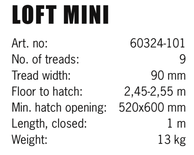 2,45-2,55m platfond hoogte LOFT MINI zoldertrap