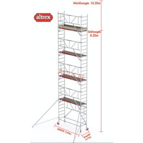 Gevelvrij* 0.75(B) x 2.45(L) x 8.20m stahoogte = 10.20m Werkhoogte