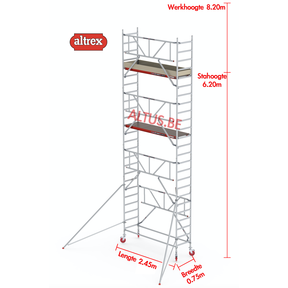 Gevelvrij* 0.75(B) x 2.45(L) x 6.20m stahoogte = 8.20m Werkhoogte