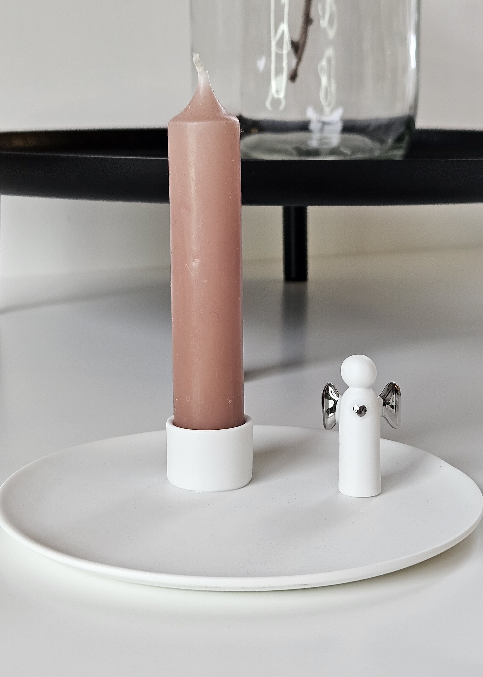 Porseleinen kandelaar met engeltje (zilver kleurig)