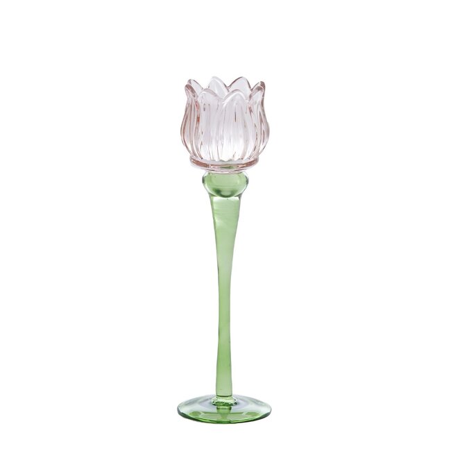 Light & Living Theelicht op voet Ø8x27 cm FLOWER glas licht roze + groen