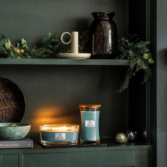 Woodwick Evergreen Cashmere Ellipse Candle WoodWick© HearthWick Flame© 50h