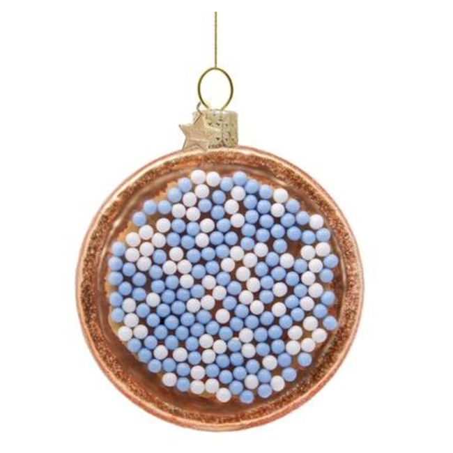 Vondels Glazen kerst decoratie blauw/wit beschuitje H8.5cm