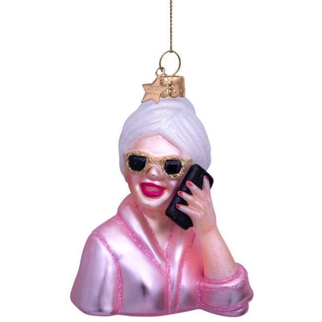 Vondels Ornament glass pink relaxing selfcare girl w/phone H9cm