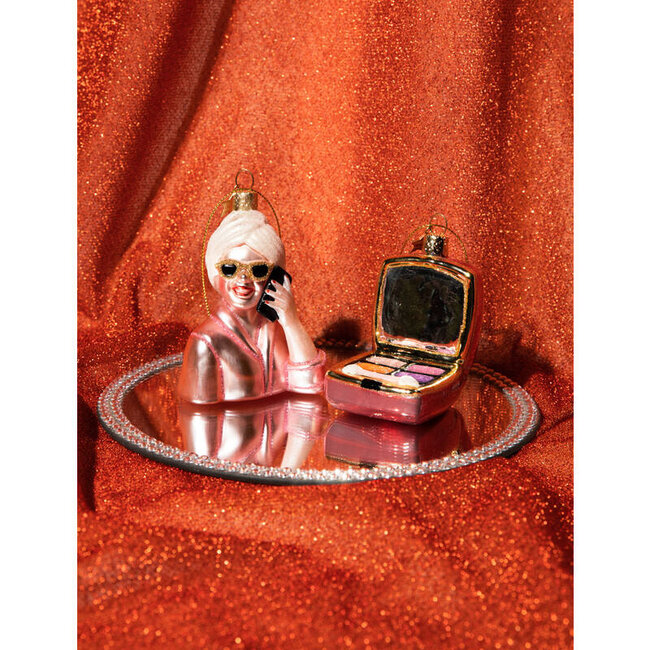 Vondels Ornament glass pink relaxing selfcare girl w/phone H9cm