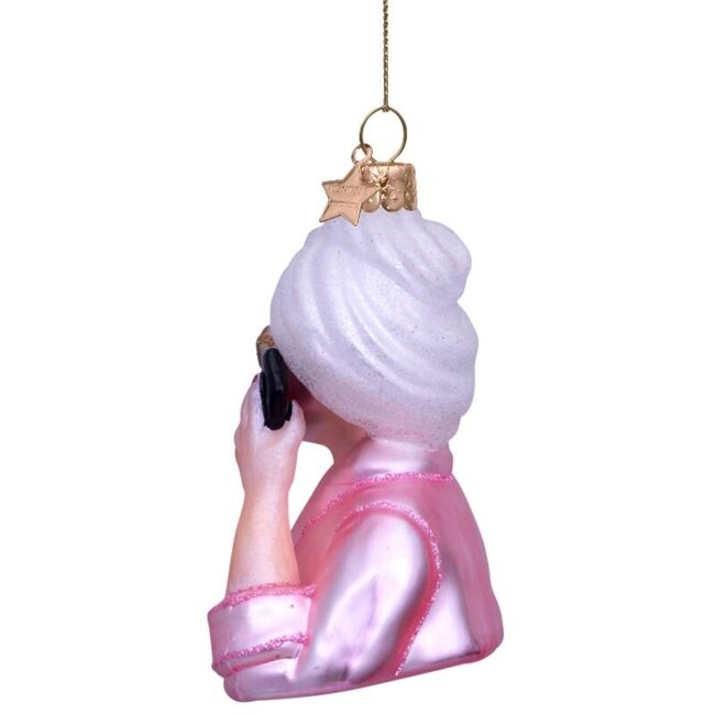 Vondels Ornament glass pink relaxing selfcare girl w/phone H9cm