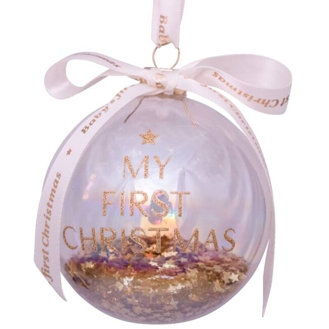 Vondels Glazen kerstornament gold baby's first Christmas w/text H9cmcm