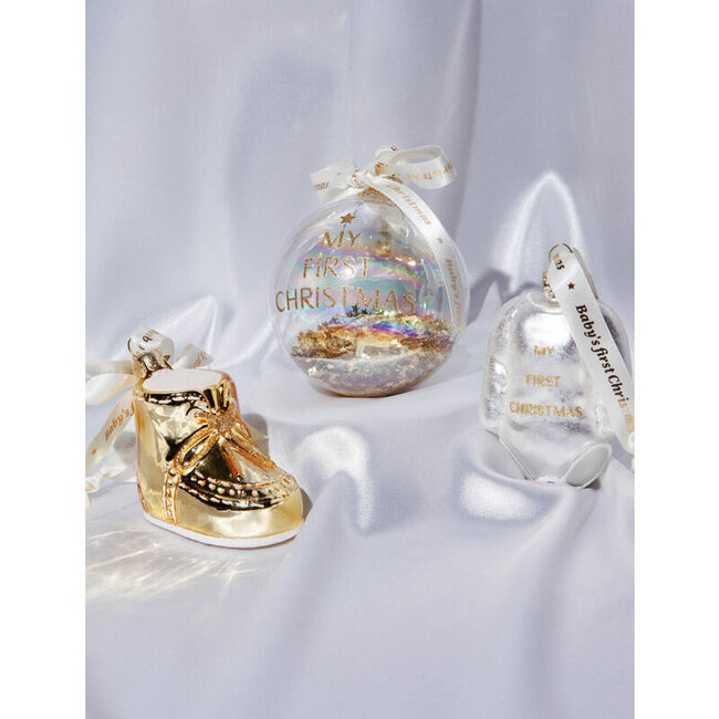 Vondels Glazen kerstornament gold baby's first Christmas w/text H9cmcm