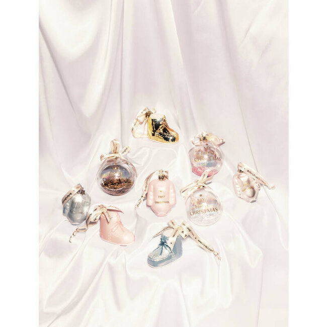 Vondels Glazen kerstornament gold baby's first Christmas w/text H9cmcm