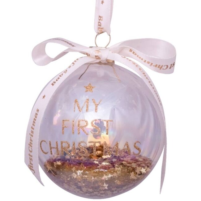 Vondels Glazen kerstornament gold baby's first Christmas w/text H9cmcm