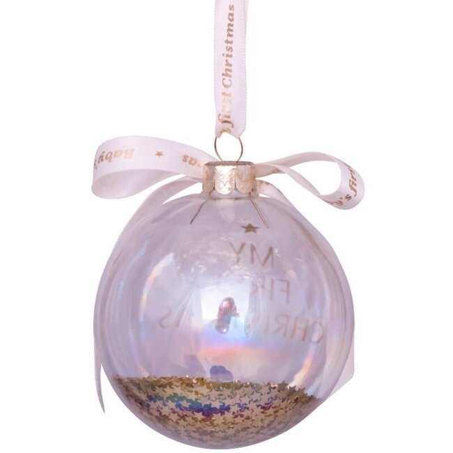 Vondels Glazen kerstornament gold baby's first Christmas w/text H9cmcm