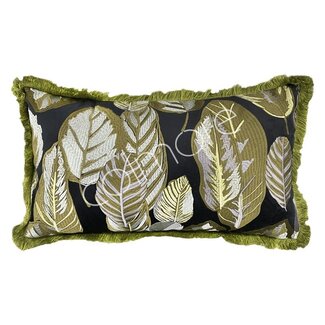 Colmore Kussen bladeren donkerblauw met franjes fluweel 60x35