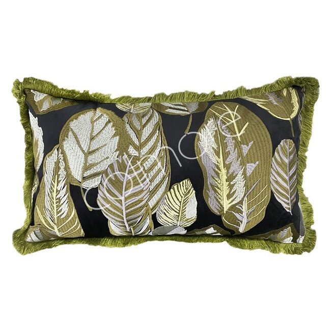 Colmore Kussen bladeren donkerblauw met franjes fluweel 60x35