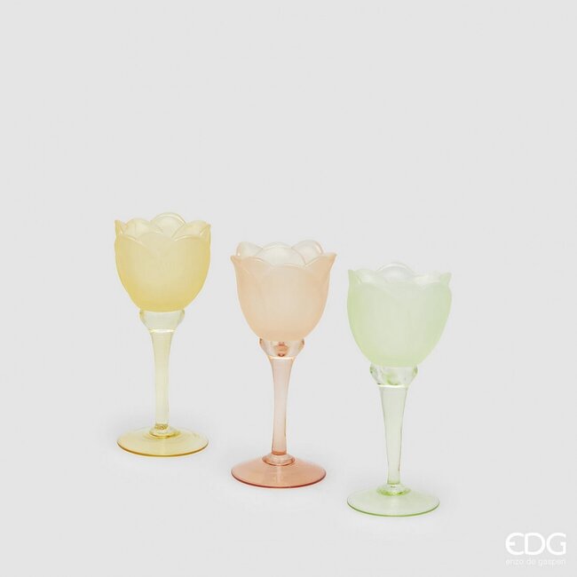 EDG Glazen tulip candle holder Yellow Green satin 3 ass. H19 D8.5