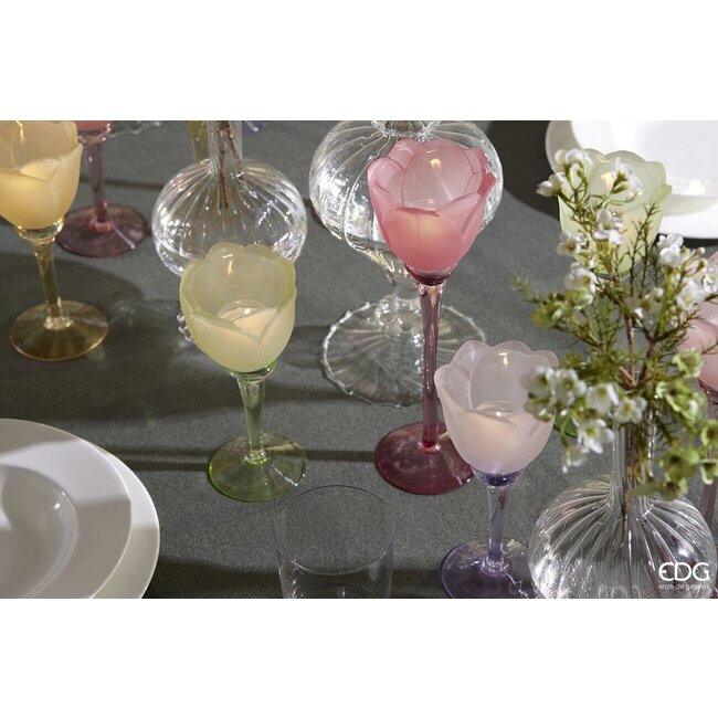 EDG Glazen tulip candle holder Pink mix satin 3 ass. H22 D8.5