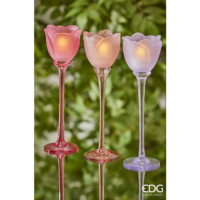 EDG Glazen tulip candle holder Pink mix satin 3 ass. H22 D8.5