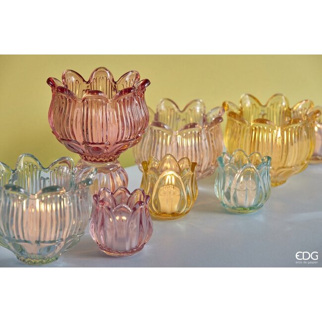 EDG Glazen tulip candle holder 4ass. H10  D12.5