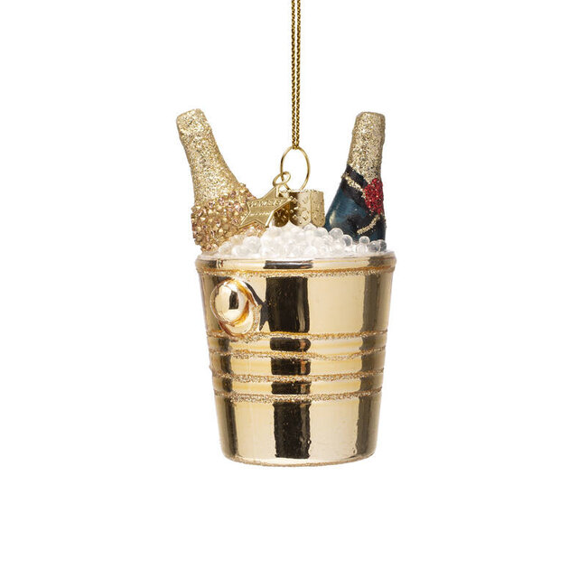 Vondels Ornament glass bottles of champagne in gold cooler H7cm