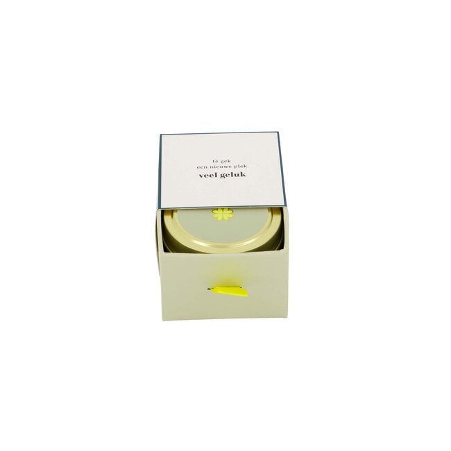 Zusss Geurkaars tinnen in schuifdoosje veel geluk klavertje wit groen